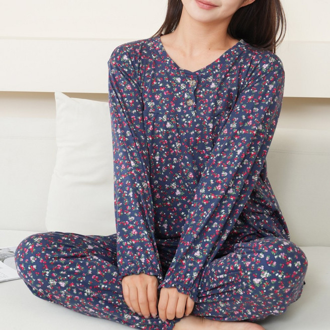 여성 긴팔 잠옷 상하 세트 꽃무늬 피치기모 파자마 실내복