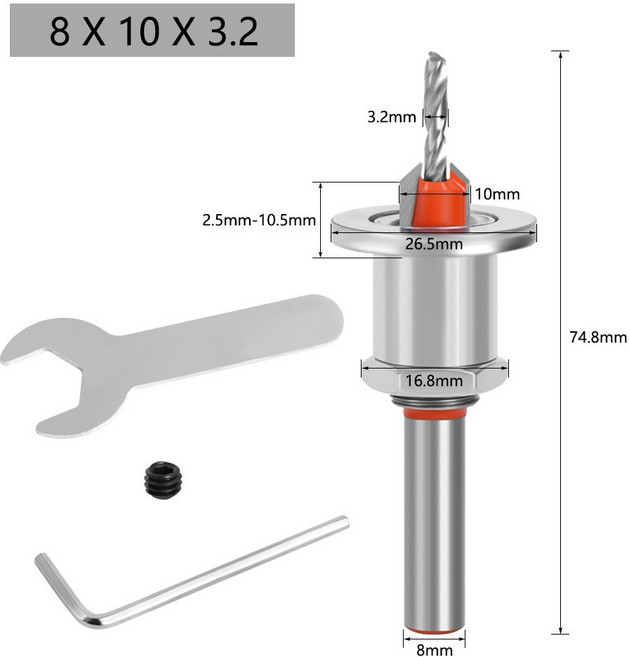 전동드릴 드릴 조정 가능한 카운터싱크 비트 세트 8mm 생크 나사 목공 모따기 도구 빠른 변경 3mm 3.5mm 4mm, 8x10x3.2