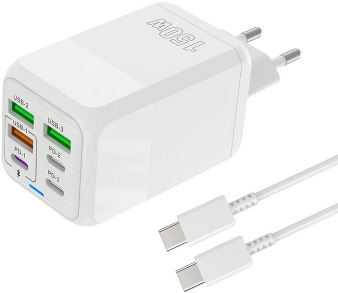 6in1 c타입 고속 충전기 150W 4USB+2PD3.0 + C TO C 1M 100w 케이블 세트, 1세트, 흰색