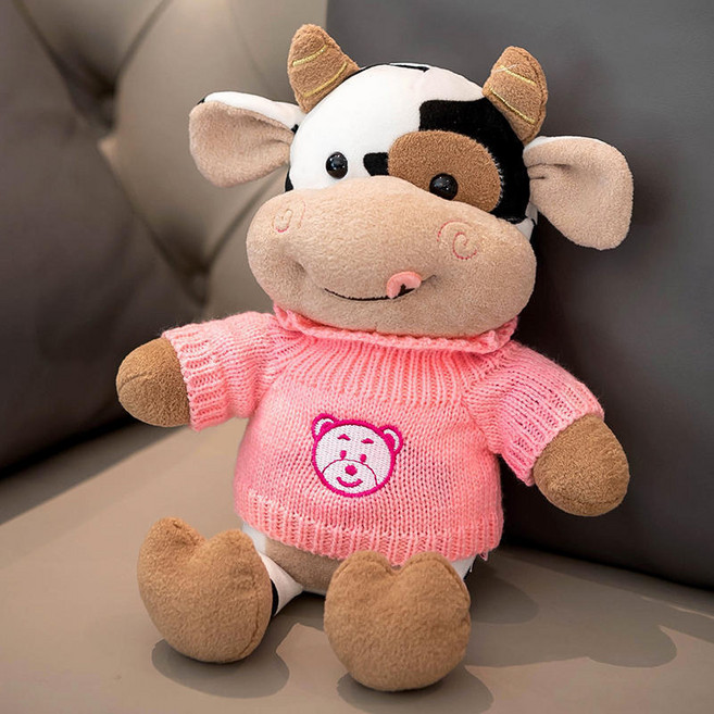 YYTY 小牛毛絨玩具 可愛揹帶褲造型, 熊頭粉毛衣牛, 1個, 40cm
