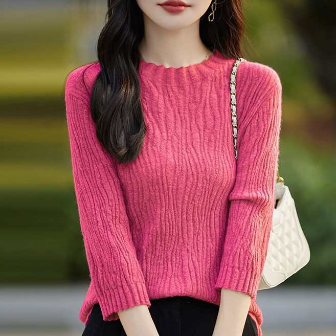 ROYALBELLE 여성 라운드넥 베이직 니트 블라우스 7부소매 얇은 플리츠 포인트 데일리 이너용 니트 B0081810