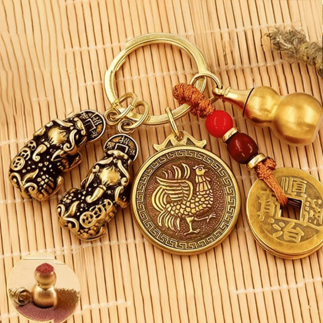 황동 행운 표주박 엽전 12간지 열쇠고리, 닭, 1개