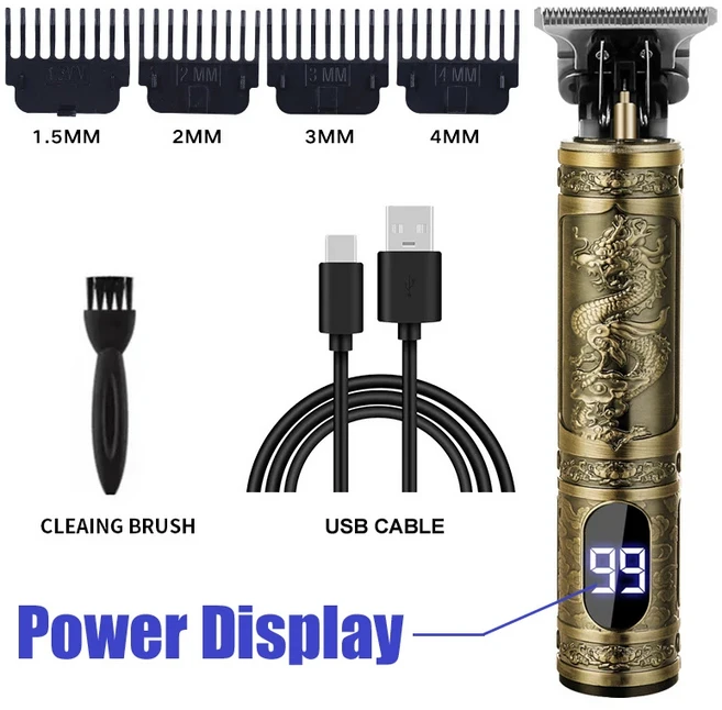 남성용 T9 헤어 클리퍼 빈티지 헤어 커팅 머신 수염 트리머 키트 바디 헤어 면도 이발사 수염 트리머 전기, 03 067-Dragon