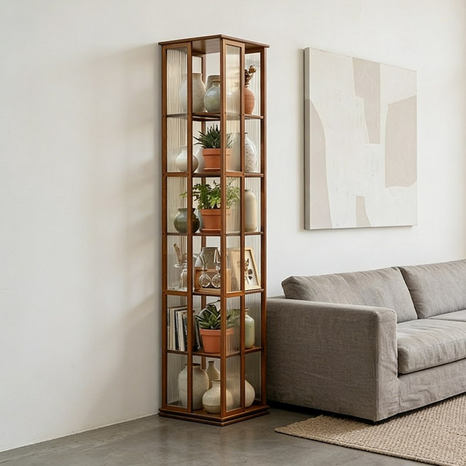 쿠리브 원목색 회전 책장 360도 대용량 거실 서재 다기능 책꽂이 수납장, 6단, 월넛