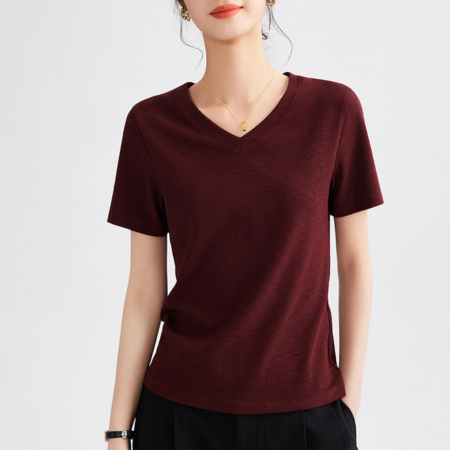 AOKADA 여성 슬라브 면 반팔티 브이넥 이너티 순면 솔리드 루즈핏 면티 박시핏 여성티 기본핏