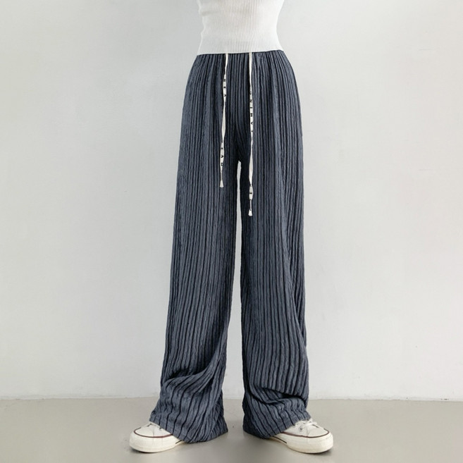 제이앤썸 플리츠 스트라이프 허리스트링 레터링 와이드 팬츠 주름 세로줄 통바지 와이드 바지