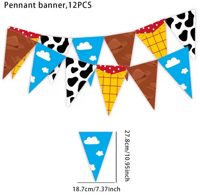 쿠쿠스토어 토이 스토리 파티 장식 배너 팝콘 상자 구름과 암소 인쇄 삼각형 페넌트 플래그 트리머 생일, 02 12pcs banner