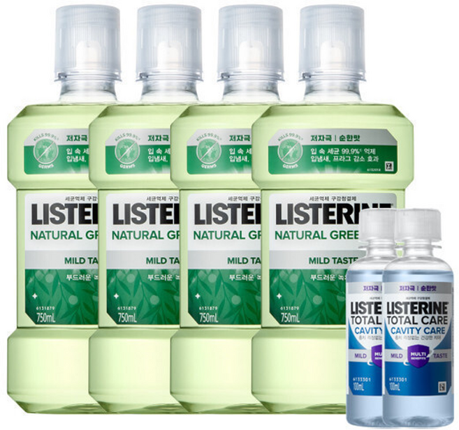 리스테린 내추럴 그린티 750ml 4개+토탈케어 캐비티케어 마일드 100ml 2개 증정, 리스테린 내추럴 그린티 750ml 4개 + 토탈케어 캐, 4개