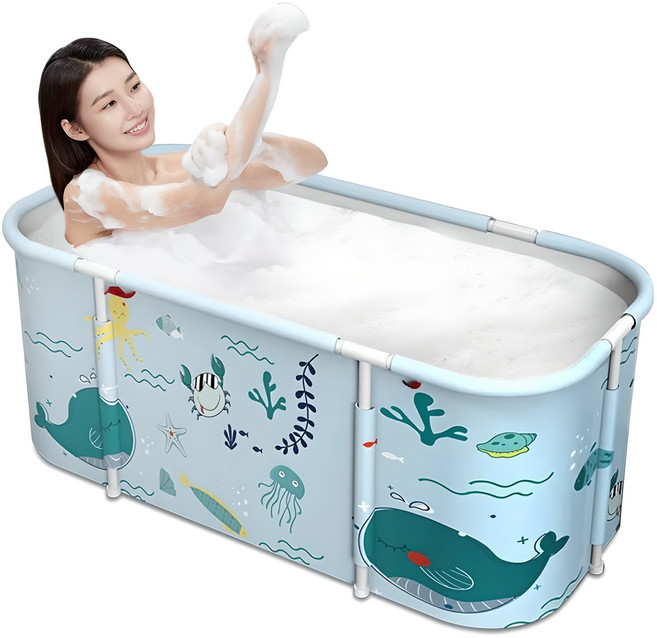 LOMESO 반신욕조 조립식 이동식 접이식 대형욕조 간이욕조, 1개, 연블루 해양생물디자인