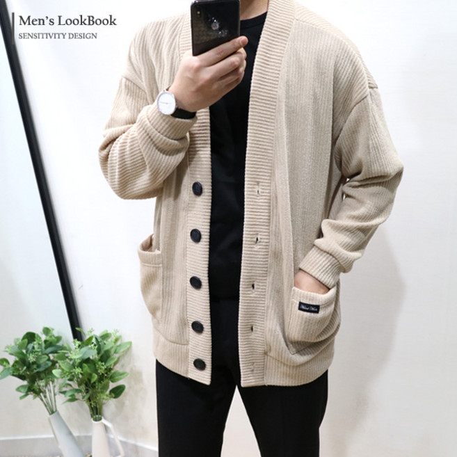 [맨즈북] 핸드라벨 포켓 골지 남자 오버핏 가디건 무지 빅사이즈