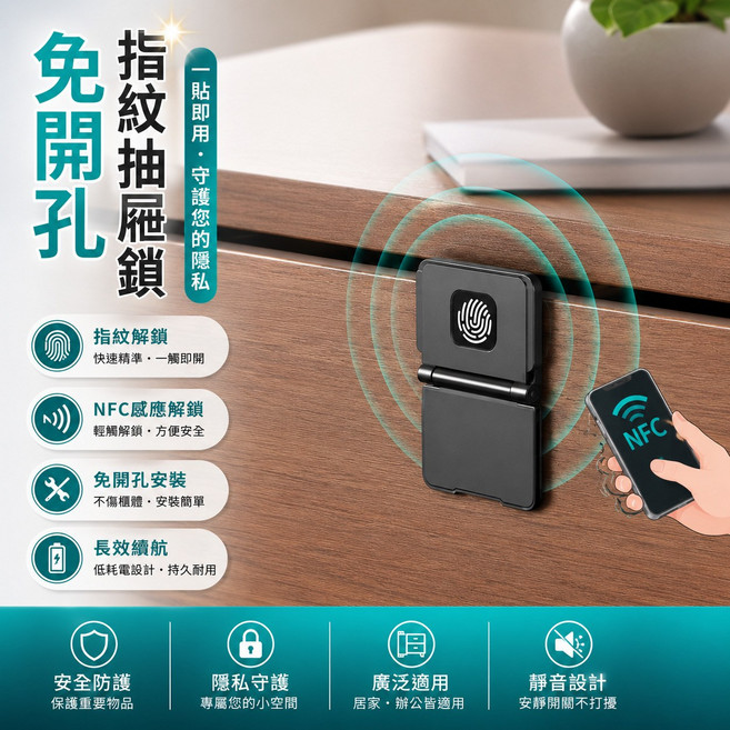 免開孔 指紋抽屜鎖 NFC感應解鎖, 1個