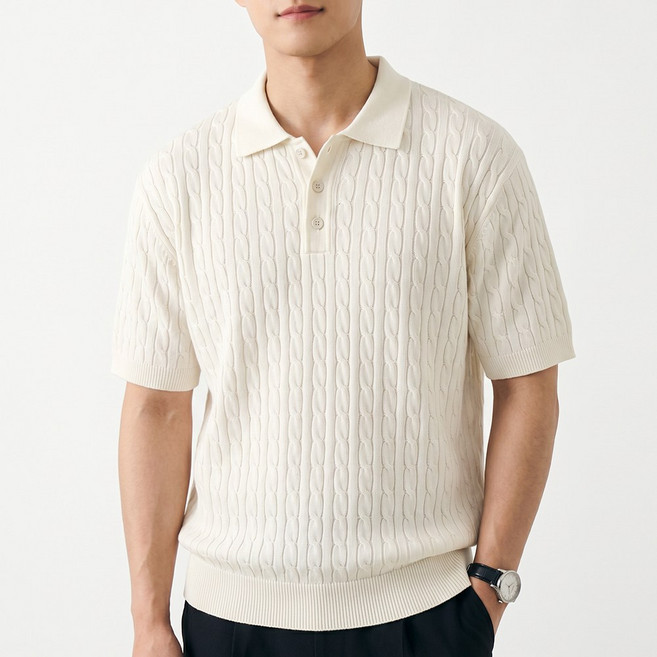 팀스핏 남성용 빅사이즈 쿨 코튼 케이블 반팔 카라 니트 티셔츠
