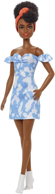 바비 185 패셔니스타 블랙 헤어 오프숄더 데님 원피스 바비인형