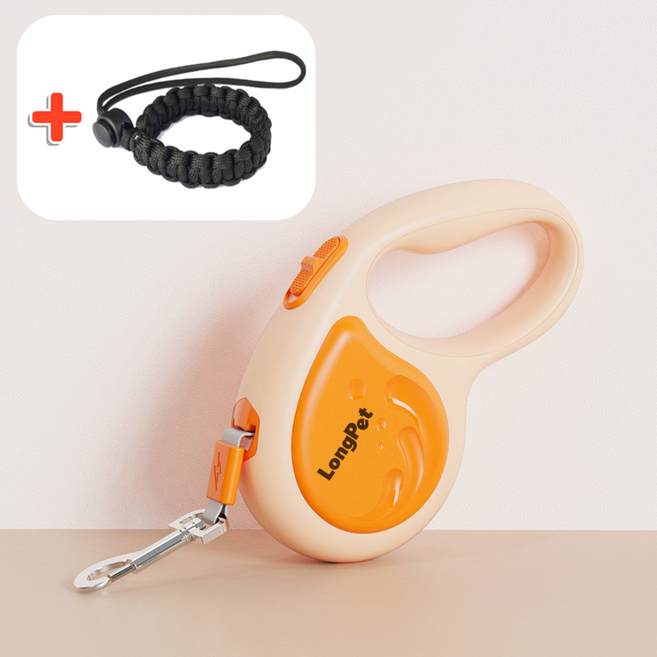 롱펫 고급형 강아지 자동리드줄 360도 꼬임방지 + 이탈방지 손목밴드 세트, 오렌지, 1개