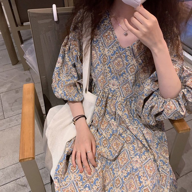 여성 봄 가을 데일리 나들이 휴양지 바캉스 패턴 벌룬핏 롱 원피스 에스닉벌룬원피스