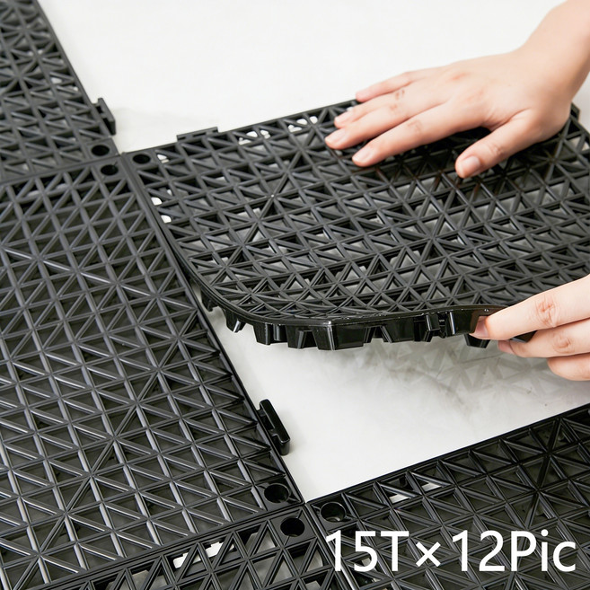 Fowod 배수 매트 세트 조립식 바닥 사계절 다용도 발판 실내 실외 욕실 주방, 12개, 블랙