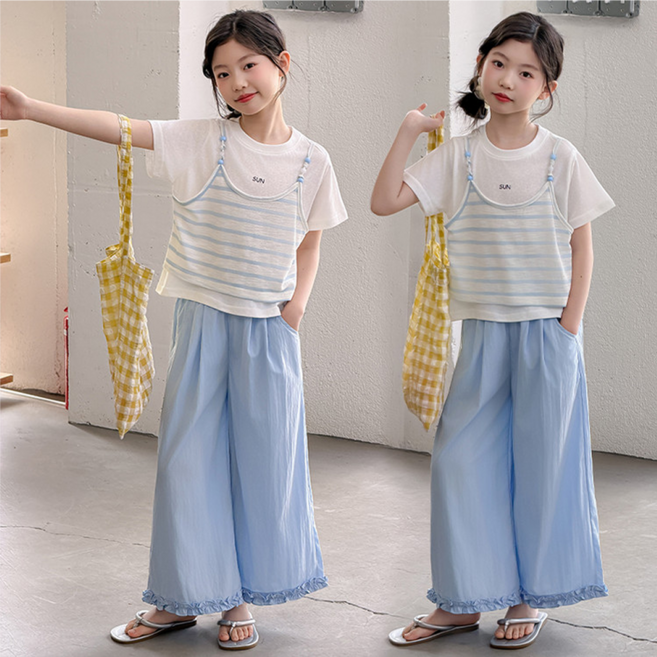 유영키즈 페이크 레이어드 반팔티 쿨소재 바지 상하세트 616