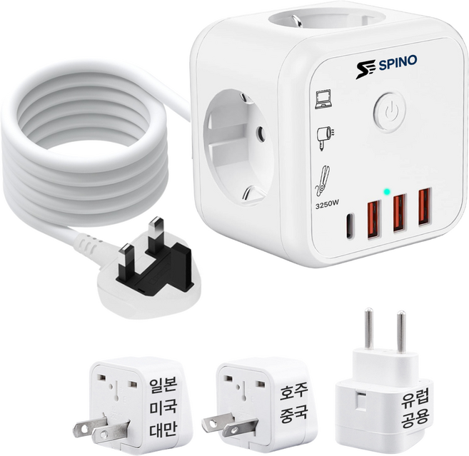 스피노 고용량 3250W 일본 돼지코 변환기 해외 여행용 멀티 어댑터 멀티탭 2M, 1개, 화이트