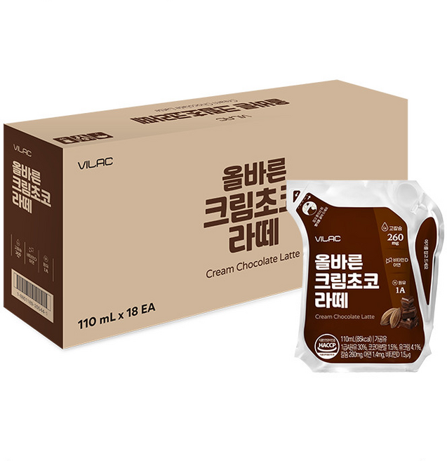 [비락] 올바른 크림초코 라떼 우유 110ml 18팩 비타민D 아연 고칼슘 함유, 초코맛
