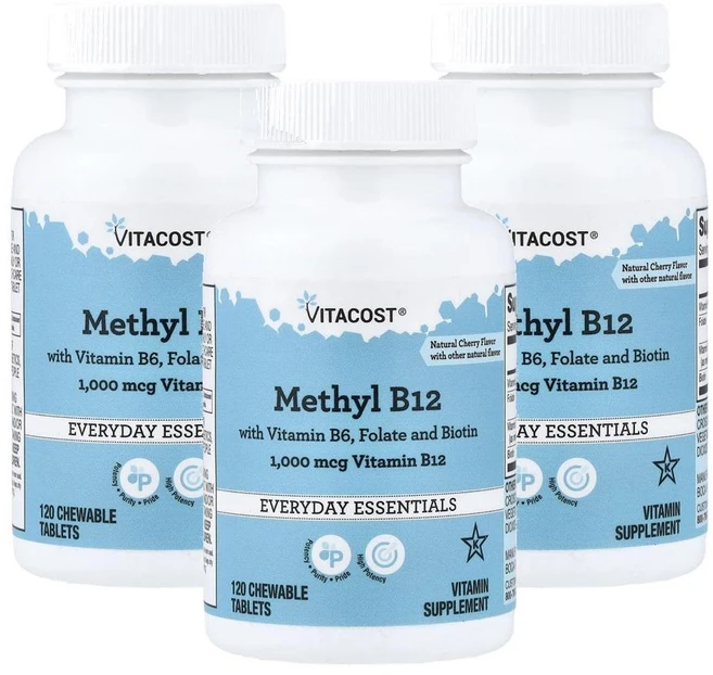 비타코스트 메틸 B12 위드 비타민 B6 폴레이트 앤 바이오틴 Vitacost Methyl B12 with Vitamin B6 Folate and Biotin Natural C, 3개, 120정 - 쿠팡