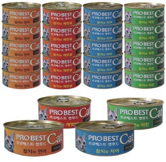 프로베스트 캣푸드 캔 참치와 치킨 80g x 6캔 + 참치와 치어 80g x 6캔 + 참치와 연어 80g x 6캔 + 참치와 게맛살 80g x 6캔 세트, 1세트