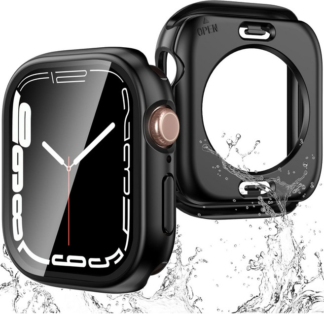 포근루프 애플워치 호환 필름 일체형 풀커버 방수 케이스 / IPX8 생활방수 / 9H 강화유리 / 하드PC 재질 / 충전 가능 42mm 45mm 44mm 41mm 40mm, 블랙