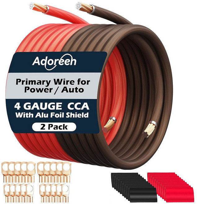 4 게이지 AWG 전원/접지선 케이블 15피트 블랙+15피트 레드 고출력 차폐 CCA 소프트 자동차 용접 배터리 배선 키트 오디오 앰프 스피커 RV 트레일러 마린 솔라+ 러그, 35FT