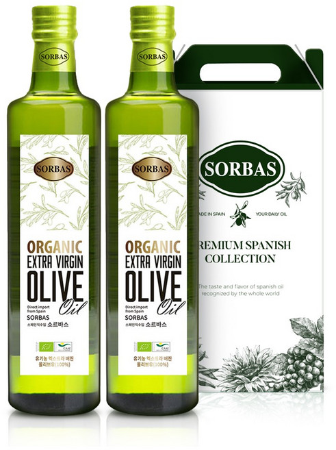 [선물포장]소르바스 유기농 엑스트라버진 올리브유 500ml 2병 오일 선물세트, 1세트