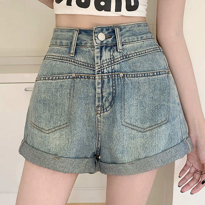 SAHINER 여성 여름 여유핏 A라인 하이웨스트 데님 핫팬츠 롤업 청반바지 BDK01
