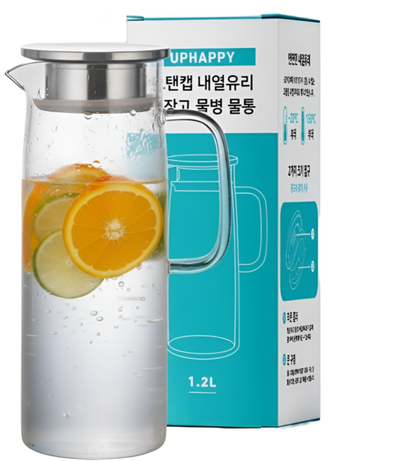유피해피 스탠캡 내열유리 냉장고 물병 물통, 1개, 1200ml, 유피 투명