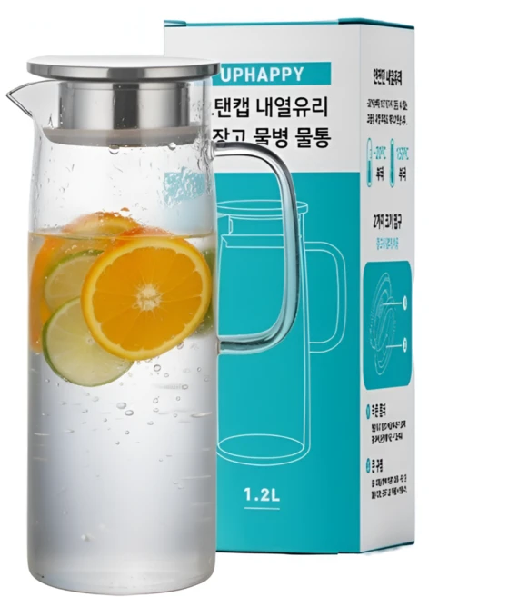 유피해피 스탠캡 내열유리 냉장고 물병 물통, 1개, 1200ml, 유피 투명 - 쿠팡