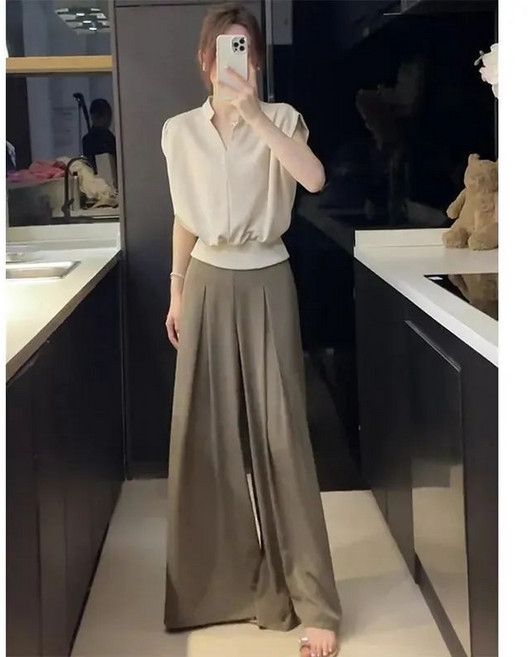 鹽系時尚休閒套裝 夏季無袖上衣闊腿褲兩件套女