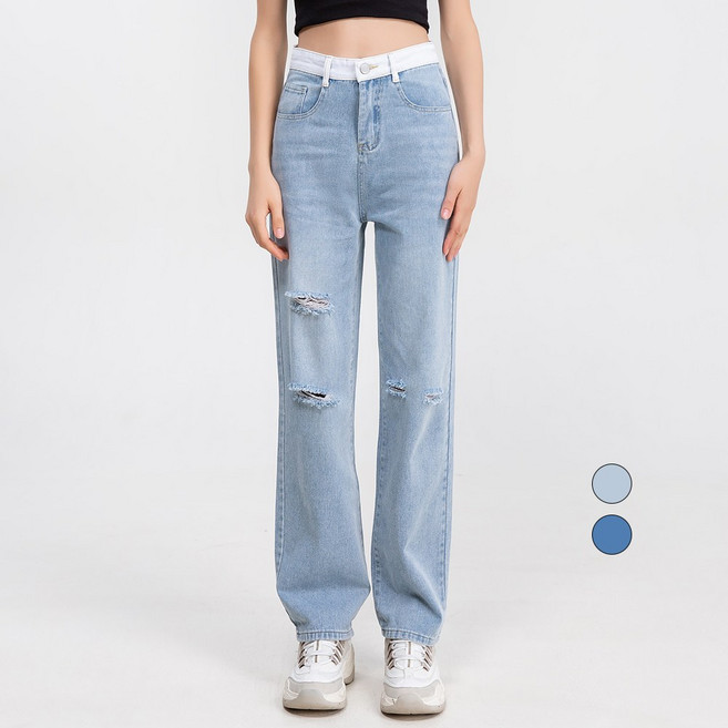 엘블로썸 여성용 통큰 하이웨스트 화이트배색 청바지 (3단기장 키별) 찢청