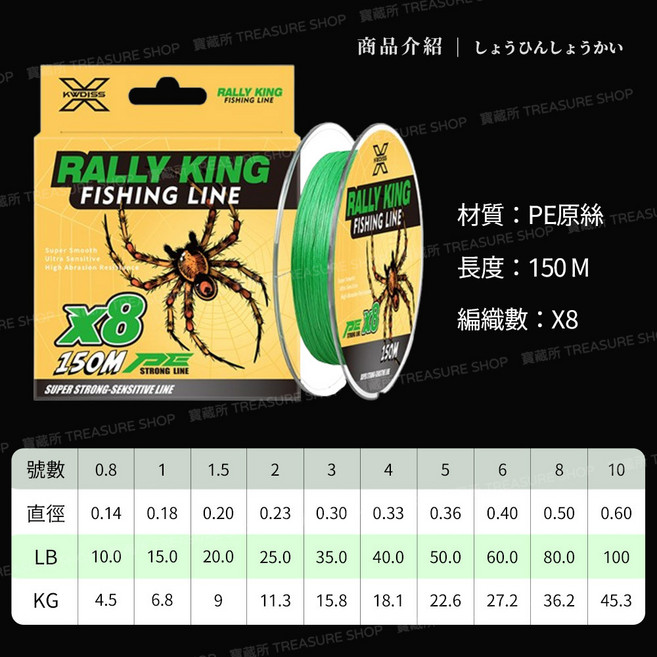 KWDiSS 釣魚線 8編 150米, 1個, 綠色8編150M,1.0, 綠色