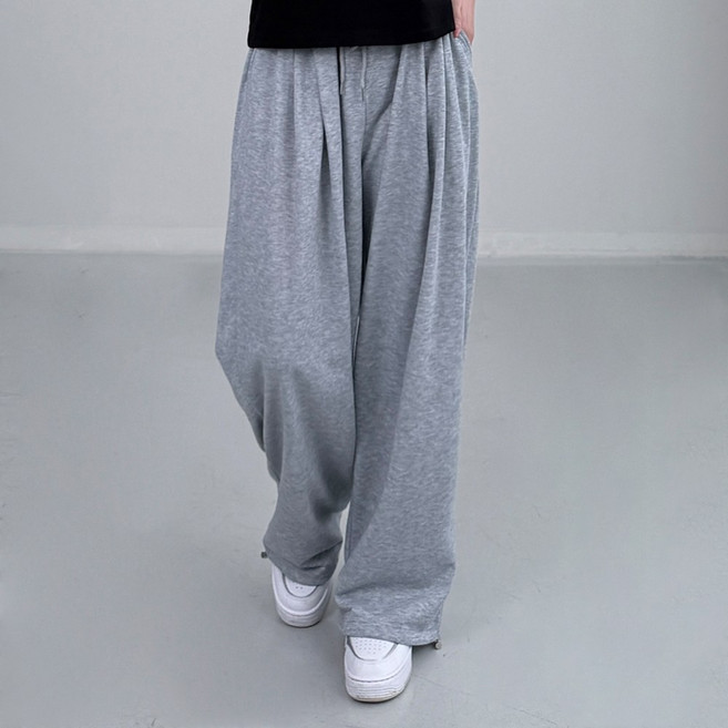 핀턱 와이드 일자 밑단 조거 스트링 밴딩 트레이닝 팬츠