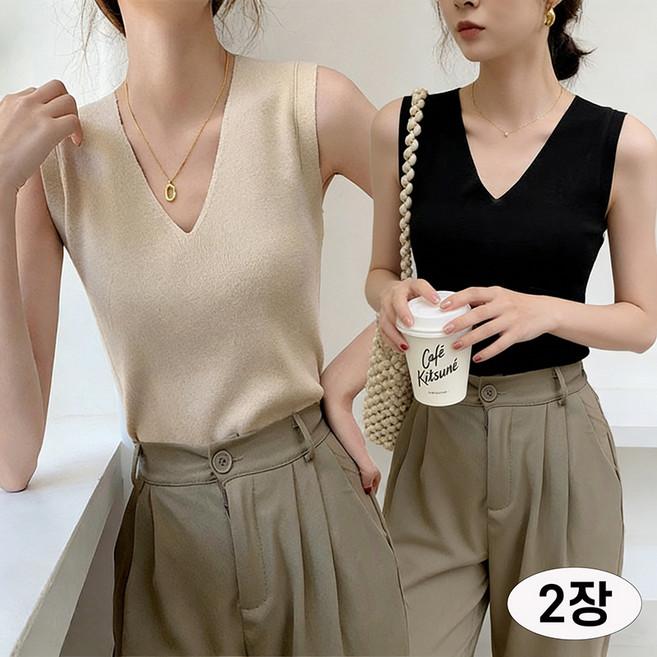 여성 끈나시 여름 브이넥 민소매 이너 패션 실크 민소매 심플 브이넥 슬리브리스 민소매 니트 세트