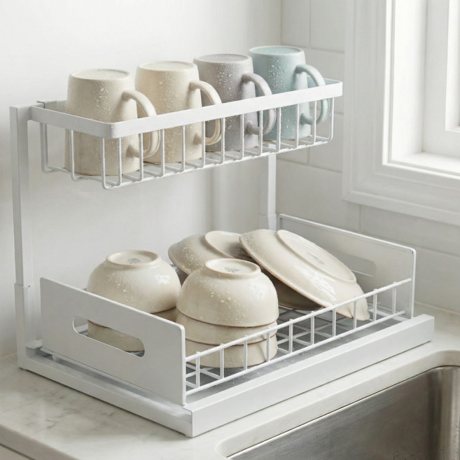 더메이크 주방 슬라이딩 2단 정리 선반, 1개, 화이트