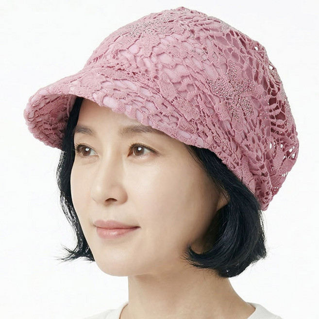 베이직엠 중년 여성 여름모자 챙비니 망사 플라워 핫픽스
