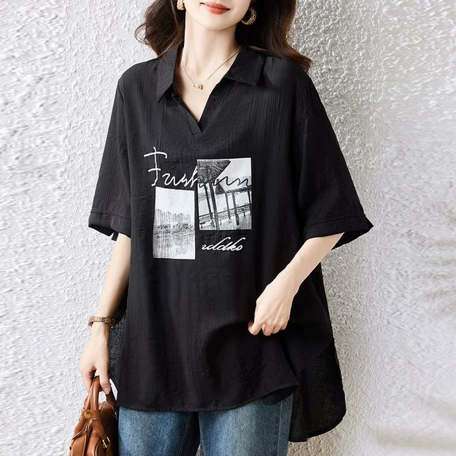 빅사이즈 150kg까지 여성 카라넥 블라우스 루즈핏 반팔티 데일리룩