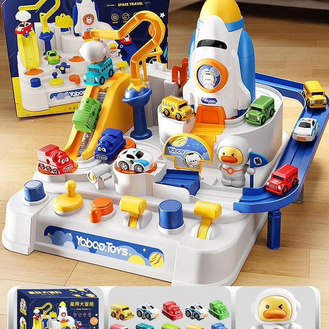 Yobao.Toys 兒童火箭太空闖關大冒險軌道車玩具 附小汽車大樓停車場 益智遊戲, 火箭太空大冒險禮盒 10主題車 磁吸宇航員, 1個