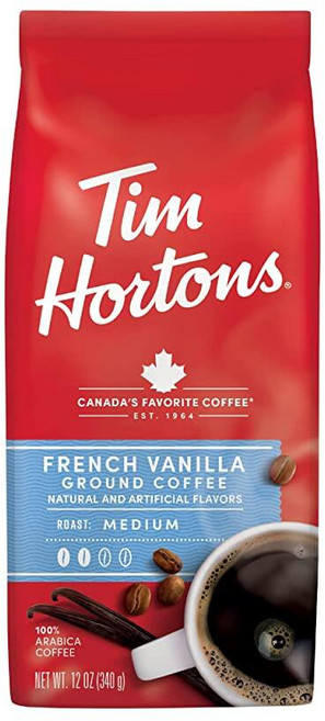 Tim Hortons 프렌치 바닐라 가향 로스트 그라운드 커피 완벽한 균형 항상 매끄러움 100% 아라비카 원두로 제작 355ml 12온스 백 261438, 1, 340g