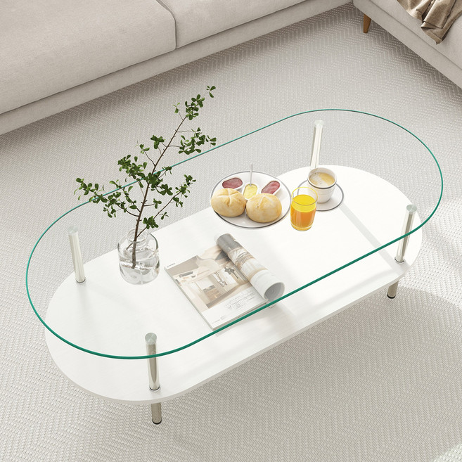 거실 인테리어 티테이블 예쁜거실 테이블 타원형 테이블, 투명+화이트1200