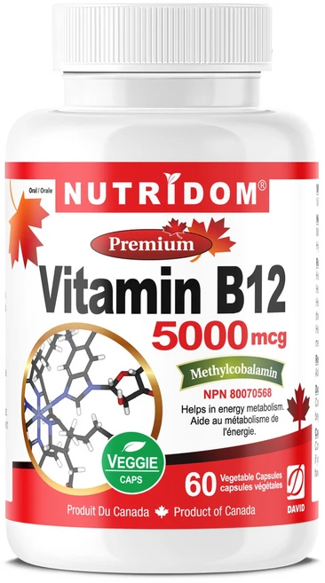 캐나다 뉴트리돔 비타민 B12 최고함량 5000mcg 60 식물성 캡슐 스트레스 만성피로, 1개, 60정 - 쿠팡