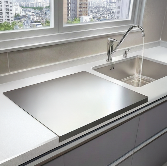 ELSEI 스테인리스 도마 ㄱ자 절곡형 가정용 싱크대 316스테인리스 위생 항균 업소용 반죽판 도마, 1개, 실버