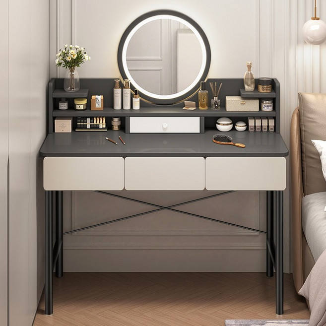 뷔이위이 화장대 서랍형 입식 북유럽 메이크업 LED 테이블, 그레이-100cm