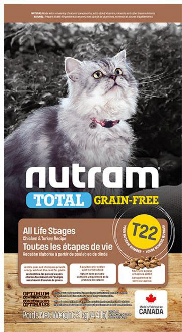 美國 Nutram 紐頓 貓糧 2kg 無榖全能 均衡, 1個, T22火雞+雞肉, 火雞+雞肉