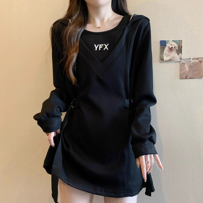 COSYEVNO 후드티 허리 조임 캐주얼 루즈핏 패션 여성 봄 긴팔 미디 상의