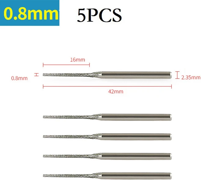다이아몬드 드릴 비트 세트 앰버 드릴 비트 0.8mm 헤드 직경 2.0mm 헤드 직경 2.5mm 헤드 직경 실버 색상, 07 5PCS 0.8mm