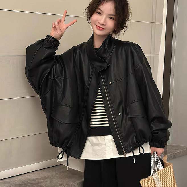 立領皮衣外套女 抽繩夾克上衣