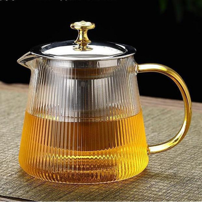 耐熱玻璃茶壺 養生壺 花茶壺 高硼硅 304不鏽鋼茶漏, 550ml直紋壺【金色,450ml-1000ml（貼標）, 1個